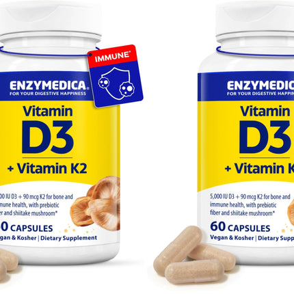 Enzymedica Organic Vitamin D3+K2 5,000 IU / 90 mcg MK-7 – Vegan, Shiitake & Prebiotic Fiber (60 Count Pack of 2)