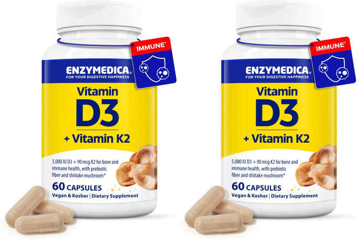 Enzymedica Organic Vitamin D3+K2 5,000 IU / 90 mcg MK-7 – Vegan, Shiitake & Prebiotic Fiber (60 Count Pack of 2)