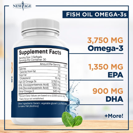 NEW AGE Triple Strength Omega 3 Fish Oil 3750 mg – 1350 mg EPA + 900 mg DHA | 270 Softgels