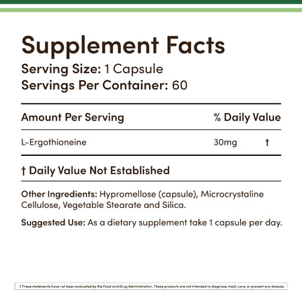 Ergothioneine 30mg Supplement - 60 Count, Plant-Based L-Ergothioneine (Non-GMO, Gluten Free, Vegan Safe) - Double Wood (Pack of 2)
