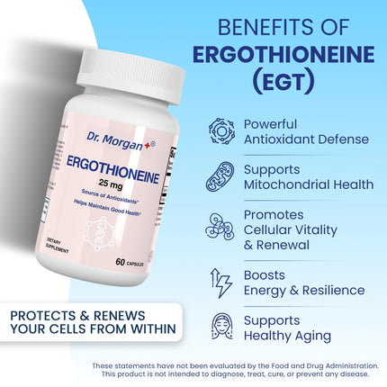 Dr. Morgan Ergothioneine Supplement – 99% Pure Antioxidant Support, Mitochondrial & Cellular Health, 60 Capsules, Made in Canada