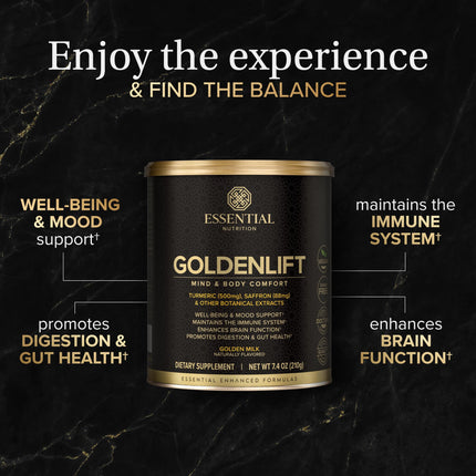 Essential Nutrition Golden Lift - Golden Milk Powder (Vegan) 7.4 oz | Turmeric, Saffron & Spices