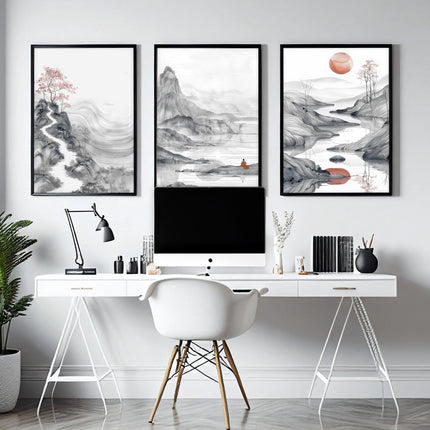 Extra Large Wall Art Framed | Set of 3 Asian Inspired Wall art Prints