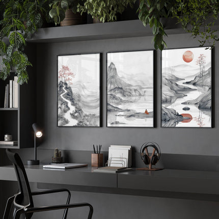 Extra Large Wall Art Framed | Set of 3 Asian Inspired Wall art Prints