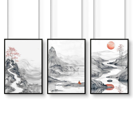 Extra Large Wall Art Framed | Set of 3 Asian Inspired Wall art Prints