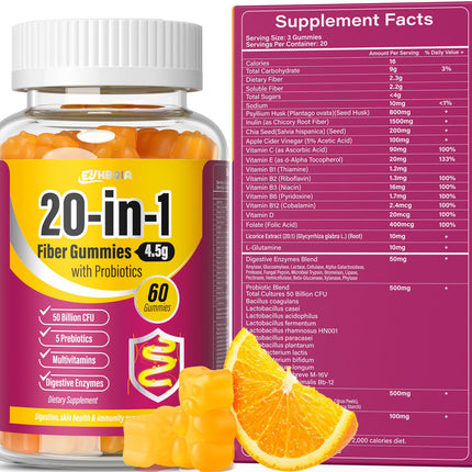 EYHBQIA Fiber Supplement 20-in-1 | 50B CFU Probiotic Gummies for Adults (Orange)