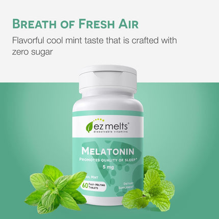 EZ Melts Dissolvable Melatonin 5 mg - Sugar-Free, 2-Month Supply, Cool Mint Flavor - 2 Pack