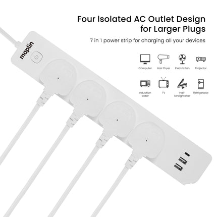 Maplin 1.8m 4 Socket 13 Amp Extension Lead with 2x USB-A / 1x USB-C Ports