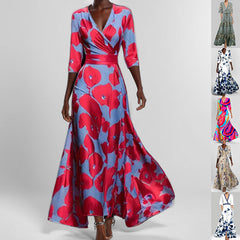 Fashion Print Half-sleeve V-neck Dress Temperament Slim Tight Waist Dresses For Women