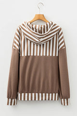 Straw Yellow Waffle Texture Striped Patchwork Button Neck Drawstring Hoodie