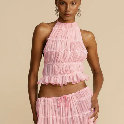2pcs Women's Dress Suit Sexy Sleeveless Backless Cropped Halter Top And Pleated Long Skirt Beach Clothing