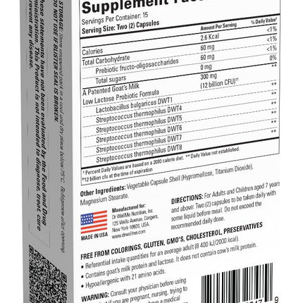 Dr. WellMe Laktera Allergy-Free Probiotics – 30 Caps, Goat Milk Formula, 12B CFU, Immune & Gut Health, Low Lactose, Gluten-Free