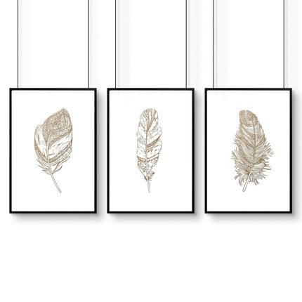 Gold artwork for living room | set of 3 Feathers wall art prints