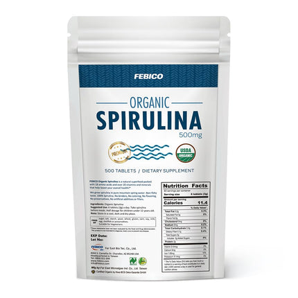 FEBICO Organic Spirulina Tablets 250g – 83 Days Supply | Vegan, Non-GMO, USDA, Naturland, Halal