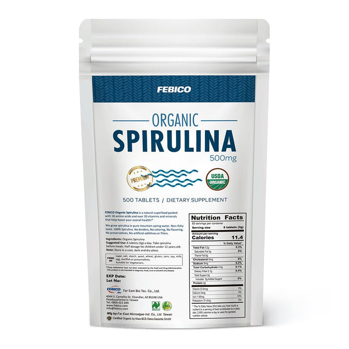 FEBICO Organic Spirulina Tablets 250g – 83 Days Supply | Vegan, Non-GMO, USDA, Naturland, Halal