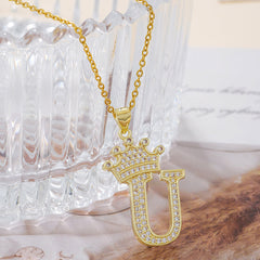 1PCS Fashionable Gold Diamond Crown Uppercase Letter Popular Pendant Necklace Suitable For Daily Use Festivals Parties Gifts Jewelry Set