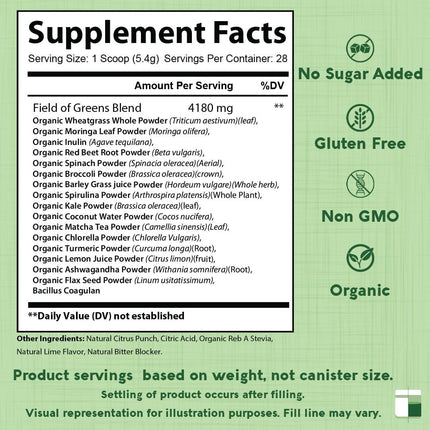Field of Greens Superfood Powder – Organic Spirulina, Chlorella & Beet Root, Probiotic, 28 Scoops