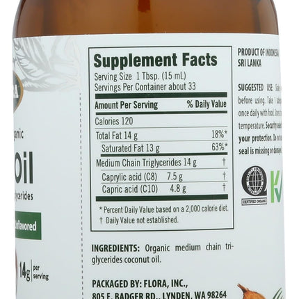 Flora MCT Oil Certified Organic – C8/C10, Non-GMO, Vegan, 32 oz