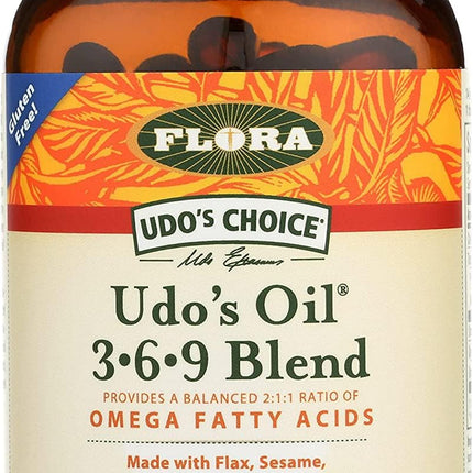 Flora Udo's Oil 3-6-9 Blend - Organic Coconut, Flax Seed Oil & More - 90 Vegetarian Softgels