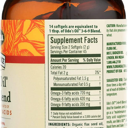 Flora Udo's Oil 3-6-9 Blend - Organic Coconut, Flax Seed Oil & More - 90 Vegetarian Softgels