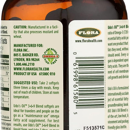 Flora Udo's Oil 3-6-9 Blend - Organic Coconut, Flax Seed Oil & More - 90 Vegetarian Softgels
