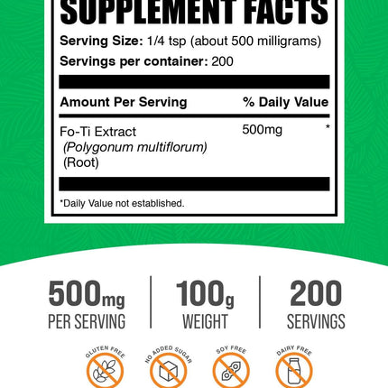 BulkSupplements Fo-Ti Extract Powder – 500 mg per Serving, 100 g (3.5 oz) Pack of 2 | Gluten Free Fo-Ti Root Powder (He Shou Wu)