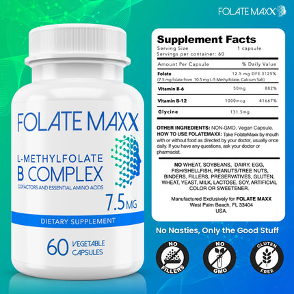 FolateMaxx L-Methylfolate 7.5mg with B Complex – 60 Capsules | Non-GMO, Gluten Free | 2-Month Supply