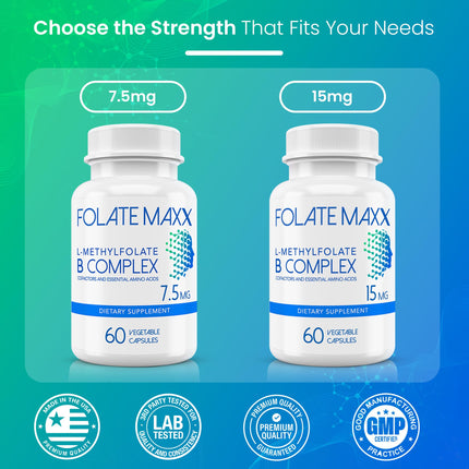 FolateMaxx L-Methylfolate 7.5mg with B Complex – 60 Capsules | Non-GMO, Gluten Free | 2-Month Supply