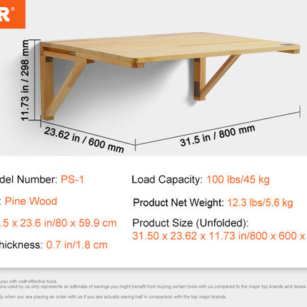 VEVOR Wall Mounted Folding Table Wooden Floating Desk with Iron Bracket Drop Leaf for Home Office Kitchen Bar Space-Saving