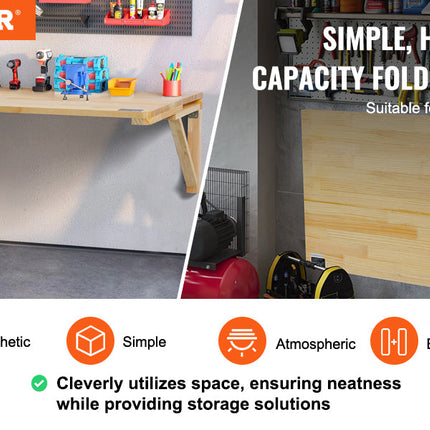 VEVOR Wall Mounted Folding Table Wooden Floating Desk with Iron Bracket Drop Leaf for Home Office Kitchen Bar Space-Saving