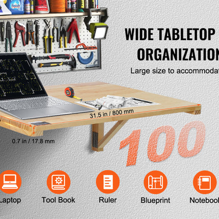 VEVOR Wall Mounted Folding Table Wooden Floating Desk with Iron Bracket Drop Leaf for Home Office Kitchen Bar Space-Saving