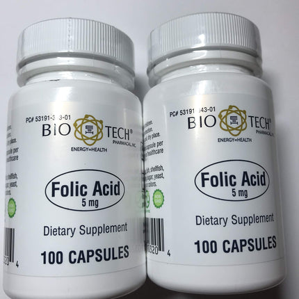 Folic Acid 5mg - BioTech Pharmacal - 100 Capsules - Pack of 2