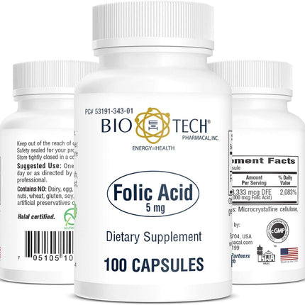 Folic Acid 5mg - BioTech Pharmacal - 100 Capsules - Pack of 2