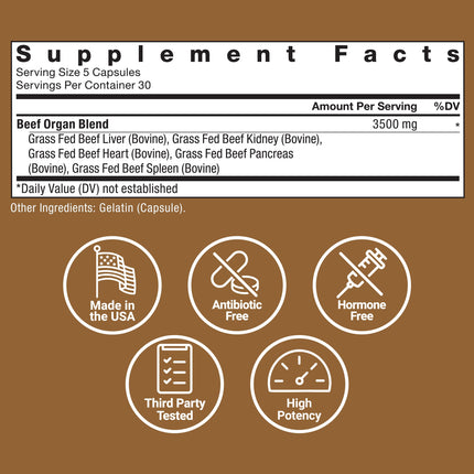 FORCE FACTOR Primal Origins Grass-Fed Beef Organs – Liver, Heart, Kidney, Pancreas & Spleen | 3500mg, 150 Capsules