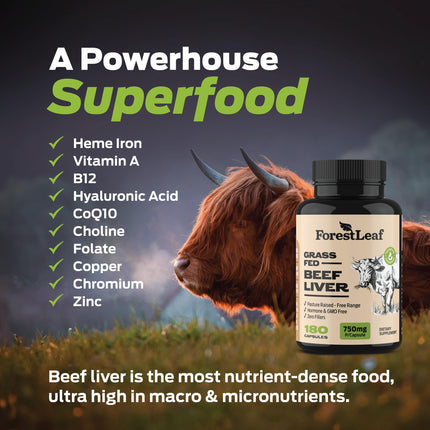 ForestLeaf Grass Fed Beef Liver Capsules - 3000mg per Serving, 180 Caps