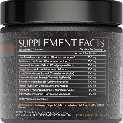 Formulation Factory Shroom Vroom: 10-in-1 Mushroom Supplement with Lion’s Mane & Reishi – 240 Count (Pack of 2)