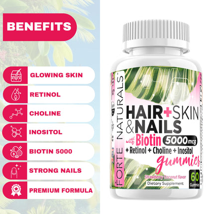 FORTE NATURALS Hair Growth Biotin Gummies for Women – 5000mcg Biotin, Hair Skin & Nails Vitamins, Made in USA