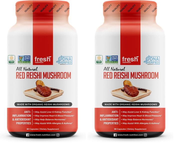 Fresh Nutrition Organic Reishi Mushroom Capsules – Alpha-Glucan Rich Ganoderma Lucidum, 1500mg Serving, Third-Party Tested – 90 Veggie Caps (Pack of 2)