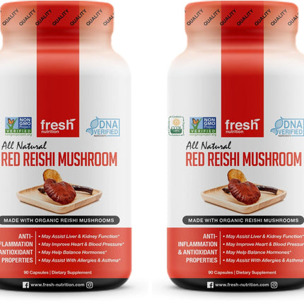 Fresh Nutrition Organic Reishi Mushroom Capsules – Alpha-Glucan Rich Ganoderma Lucidum, 1500mg Serving, Third-Party Tested – 90 Veggie Caps (Pack of 2)