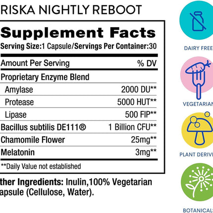 FRISKA Nightly Reboot: Enzyme & Probiotic Sleep Support with Melatonin & Chamomile, 90 Capsules