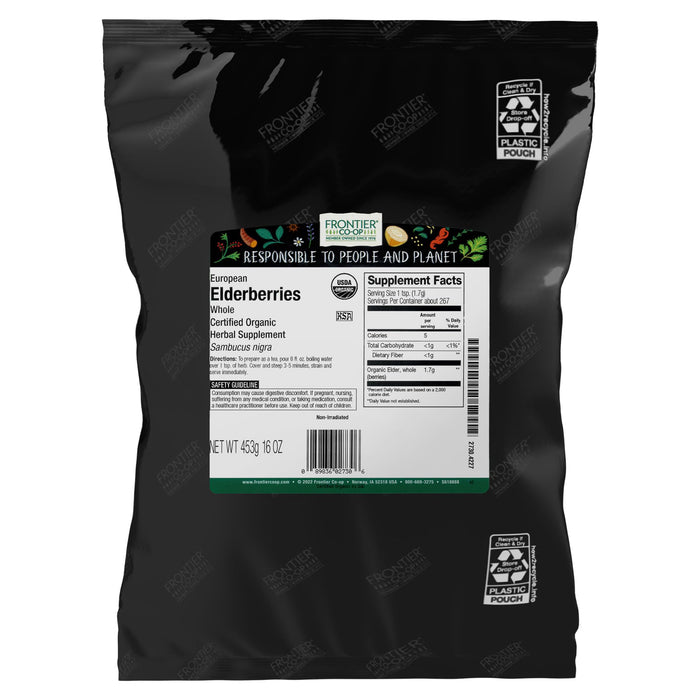Frontier Co-op Organic Dried Elderberries, European Whole — Non-GMO, Kosher, 16 oz (Pack of 2)