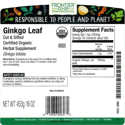 Frontier Co-op Organic Ginkgo Leaf 1lb Bulk, Cut & Sifted - Kosher
