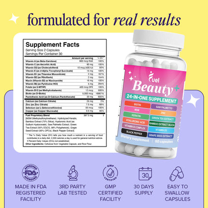 Fuel Beauty+ 24-in-1 Hair, Skin & Nails Vitamins for Women – 60 Capsules