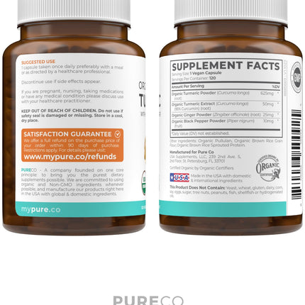 Organic Turmeric Ginger Black Pepper Supplement - High Potency Curcumin, 2 Month Supply