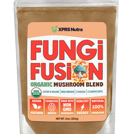 Fungi Fusion Organic Mushroom Powder Blend - Lion's Mane, Red Reishi, Chaga, Cordyceps (8 oz)