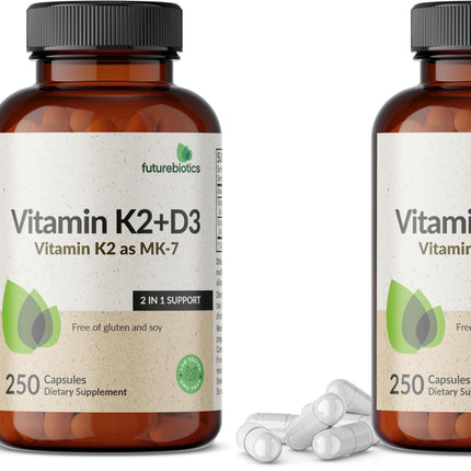 Futurebiotics Vitamin K2 (MK7) with D3 – Non-GMO, 5000 IU D3 & 90 mcg MK-7, 2-Pack (250 Veg Capsules per Bottle)