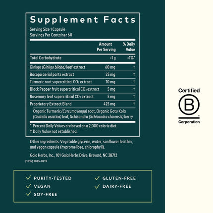 Gaia Herbs Agile Mind – Brain Support with Turmeric, Bacopa, Black Pepper & Ginkgo Biloba | 60 Vegan Liquid Phyto-Capsules