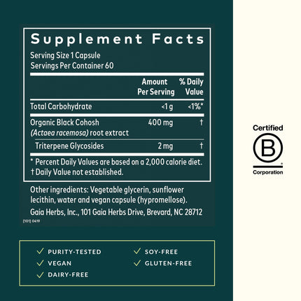 Gaia Herbs Black Cohosh – Menopause Support & Hormone Balance | 60 Vegan Capsules