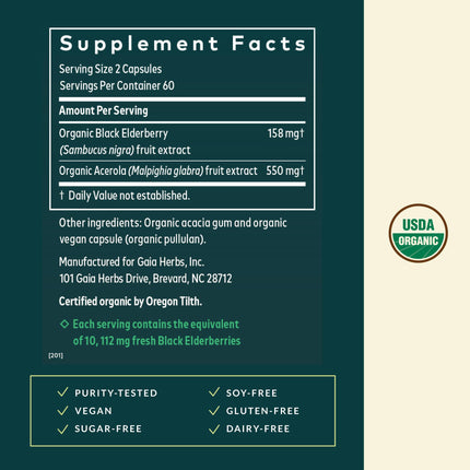 Gaia Herbs Black Elderberry – Daily Immune Support Capsules with Acerola (120 Vegan Capsules, 60 Servings)