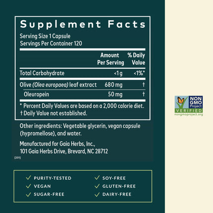 Gaia Herbs Olive Leaf - Traditional Immune Support with Oleuropein | 120 Vegan Liquid Phyto-Caps